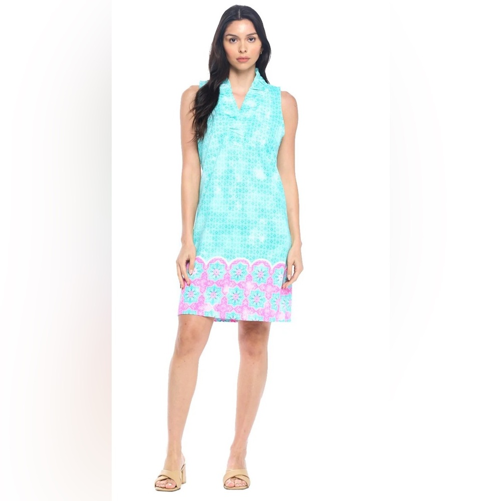 Aryeh Avery Turquoise and Pink Sleeveless Vneck Ruffles Dress - size L
